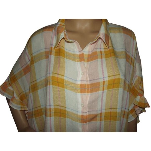 ana XLT Blouse Yellow Gold Pink White Plaid (XL tall) top shirt Tie Front Ruffle - Picture 6 of 10